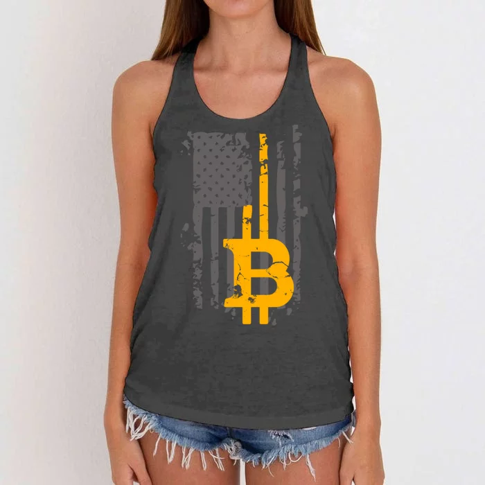 Bitcoin Crypto American Flag Gold Thin Line Women's Knotted Racerback Tank