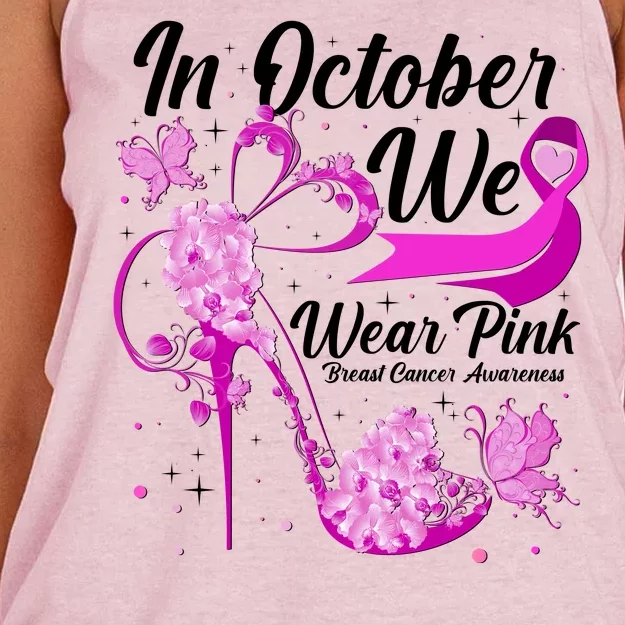 Breast Cancer Awareness In October We Wear Pink Flower High Heels Women's Knotted Racerback Tank