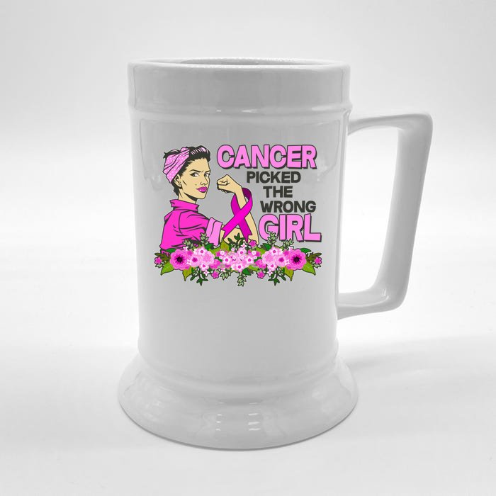 Breast Cancer Awareness Cancer Picked The Wrong Girl Warrior Front & Back Beer Stein