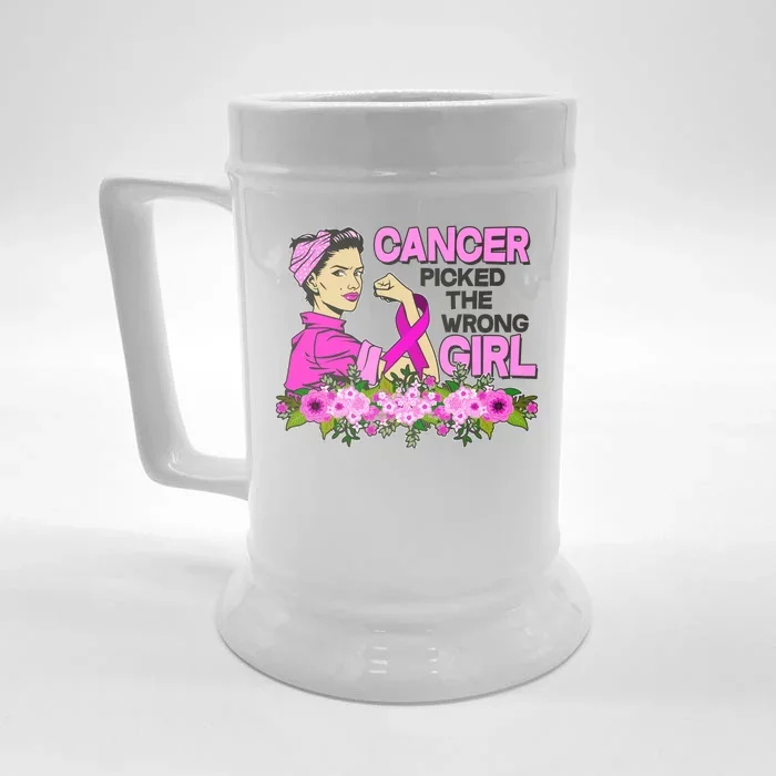 Breast Cancer Awareness Cancer Picked The Wrong Girl Warrior Front & Back Beer Stein