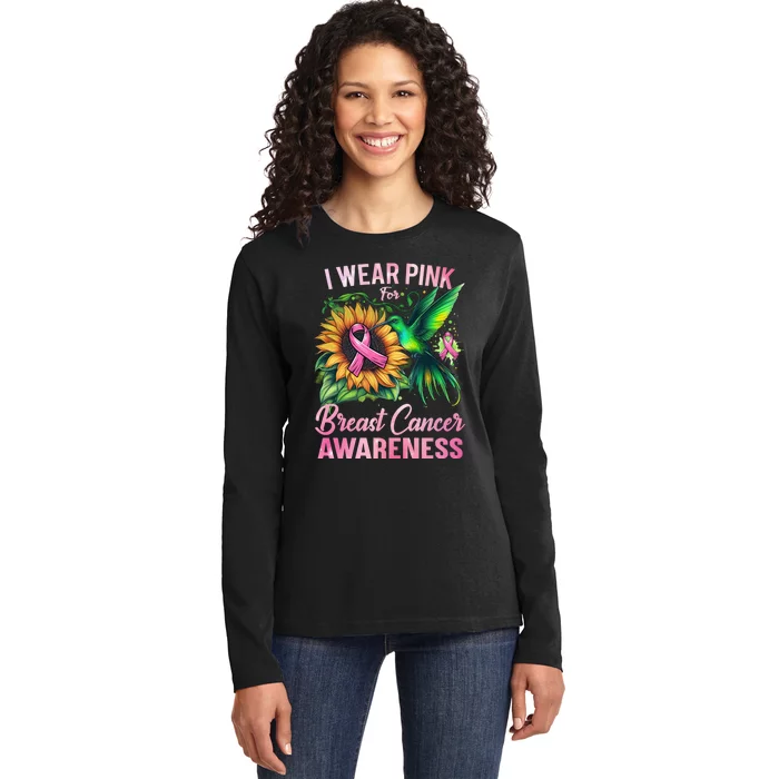 Breast Cancer Awareness Hummingbird Sunflower Ladies Long Sleeve Shirt