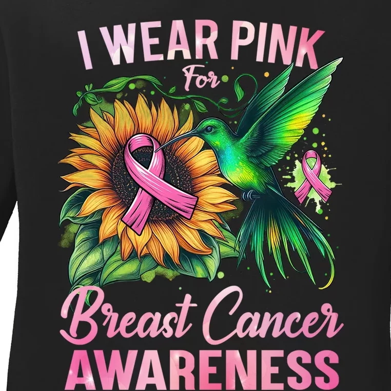 Breast Cancer Awareness Hummingbird Sunflower Ladies Long Sleeve Shirt