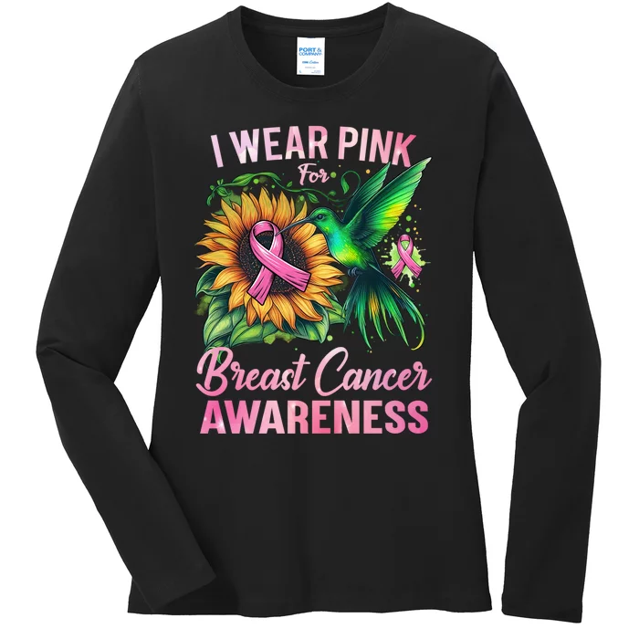 Breast Cancer Awareness Hummingbird Sunflower Ladies Long Sleeve Shirt