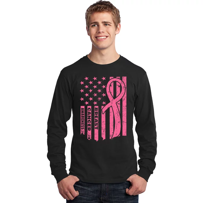 Breast Cancer Awareness Flag USA Breast Cancer Warrior Long Sleeve Shirt