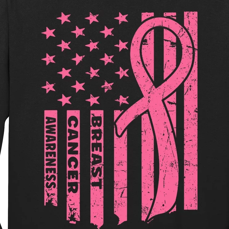 Breast Cancer Awareness Flag USA Breast Cancer Warrior Long Sleeve Shirt