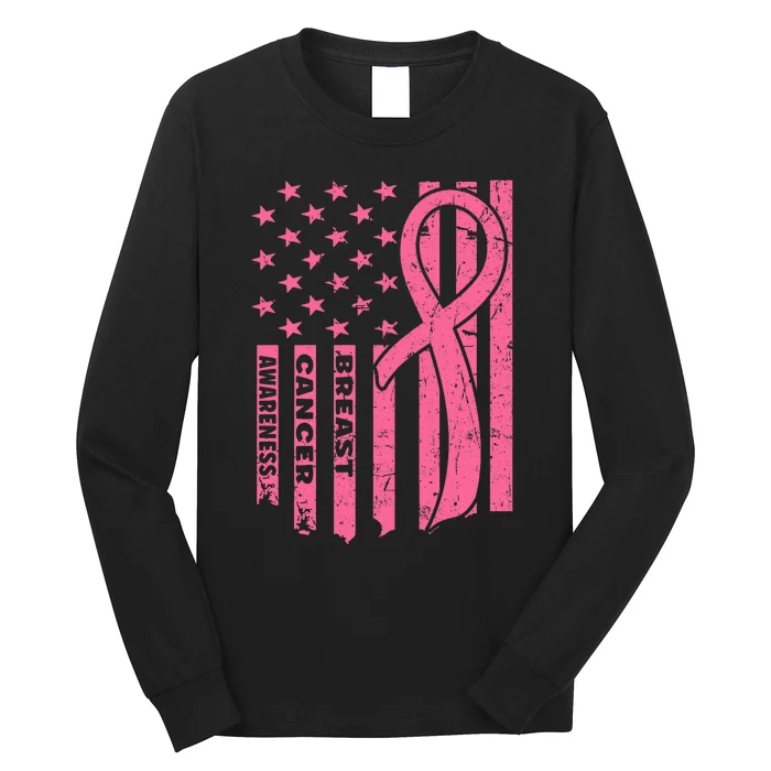 Breast Cancer Awareness Flag USA Breast Cancer Warrior Long Sleeve Shirt