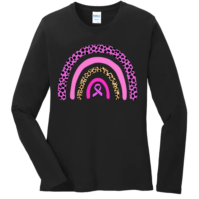 Breast Cancer Awareness Rainbow Leopard Design Ladies Long Sleeve Shirt