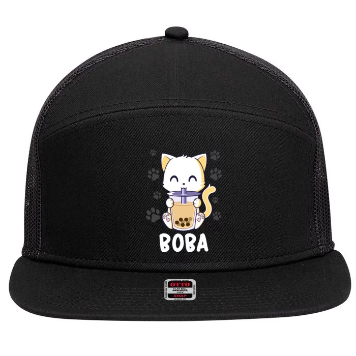 Boba Cat Bubble Tea Chibi Kitten 7 Panel Mesh Trucker Snapback Hat