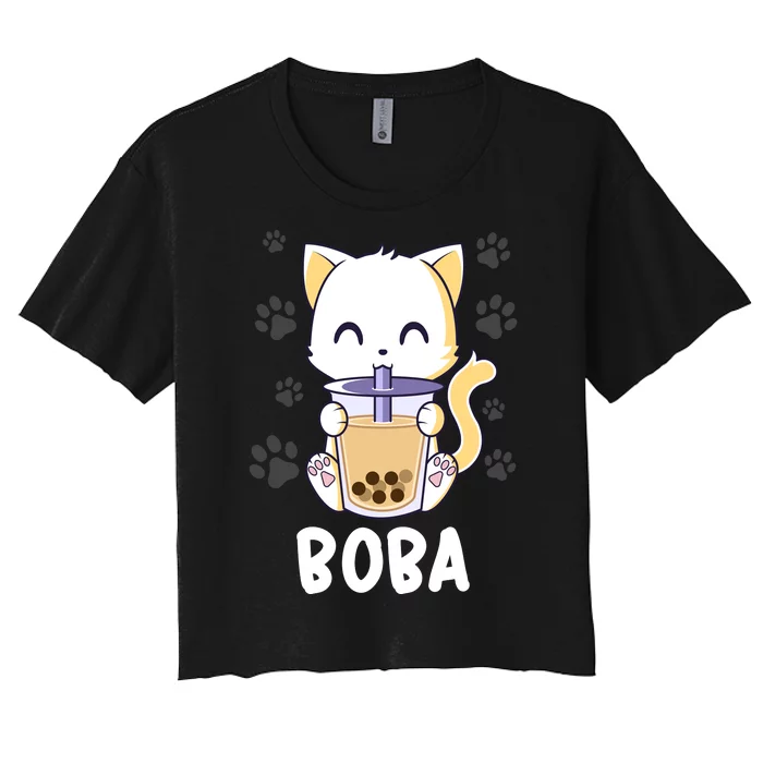 Boba Cat Bubble Tea Chibi Kitten Women's Crop Top Tee