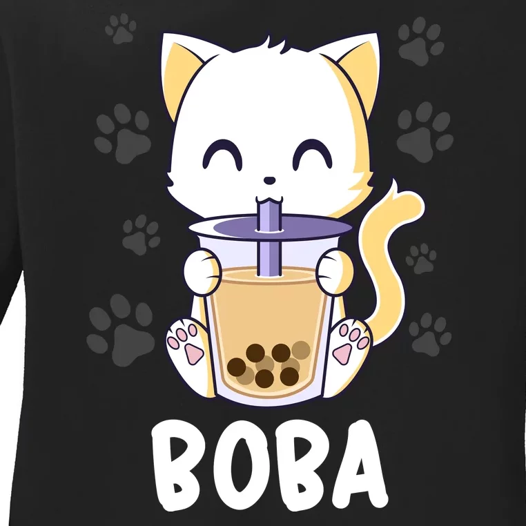 Boba Cat Bubble Tea Chibi Kitten Ladies Long Sleeve Shirt