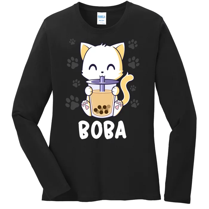 Boba Cat Bubble Tea Chibi Kitten Ladies Long Sleeve Shirt