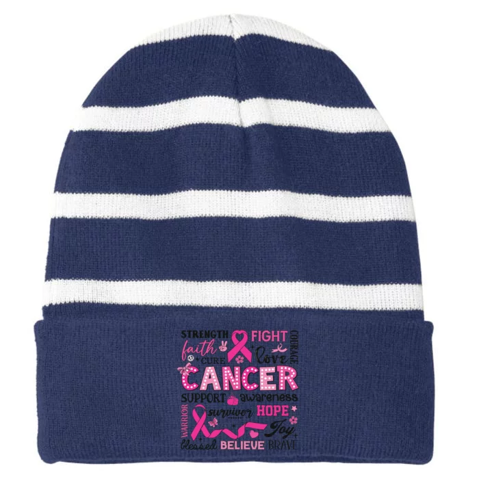 Breast Cancer Striped Beanie with Solid Band