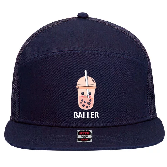 Baller Cat Boba Tea Bubble Tea Anime Kawaii Neko Strawberry Graphic 7 Panel Mesh Trucker Snapback Hat