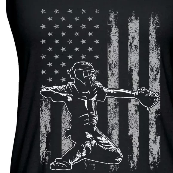 Baseball Catcher Baseball Usa Flag Ladies Essential Flowy Tank