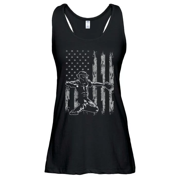 Baseball Catcher Baseball Usa Flag Ladies Essential Flowy Tank