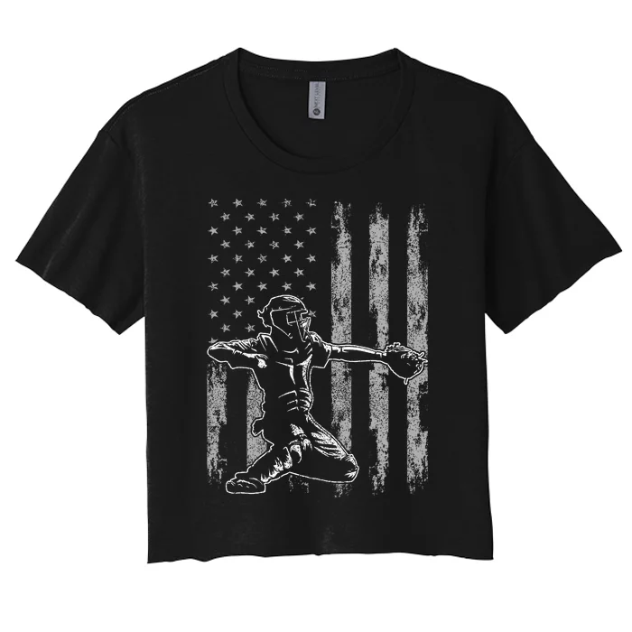 Baseball Catcher Baseball Usa Flag Women's Crop Top Tee