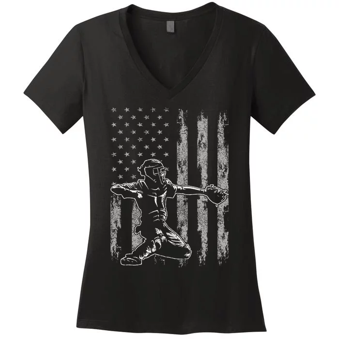 Baseball Catcher Baseball Usa Flag Women's V-Neck T-Shirt