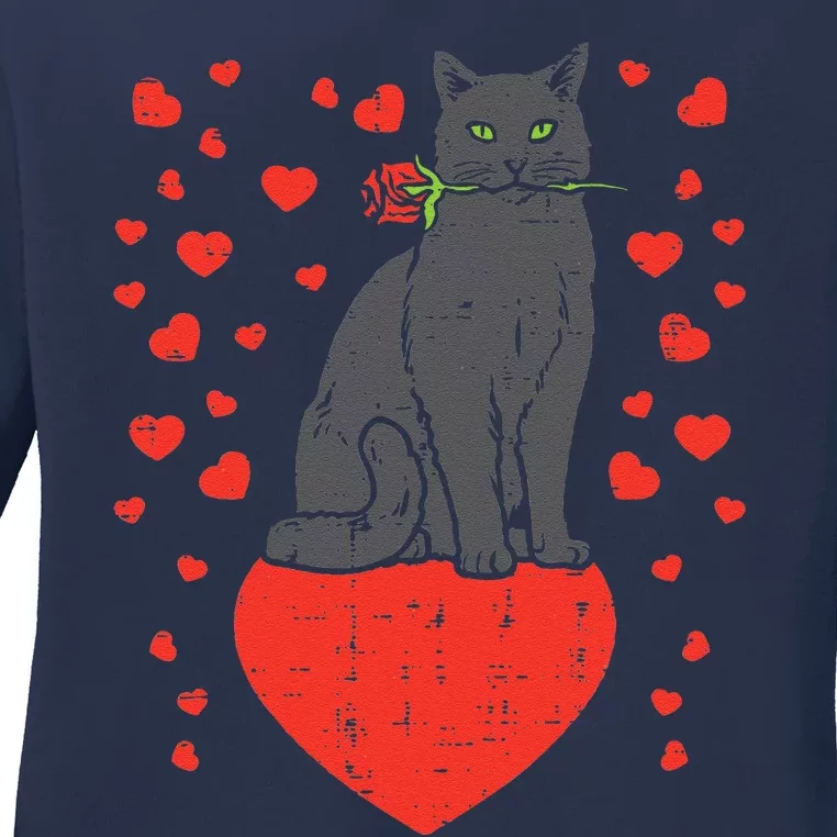 Black Cat Biting Rose Hearts Valentines Day Animal Pet Gift Ladies Long Sleeve Shirt