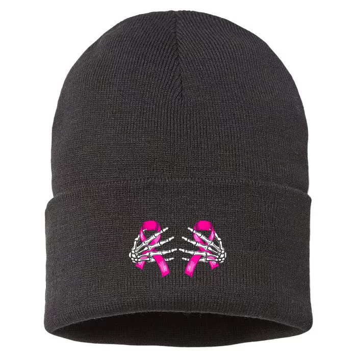 Breast Cancer Boob Skeleton Hand On Ribbon Halloween Sustainable Knit Beanie