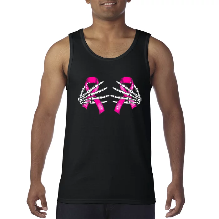 Breast Cancer Boob Skeleton Hand On Ribbon Halloween Tank Top