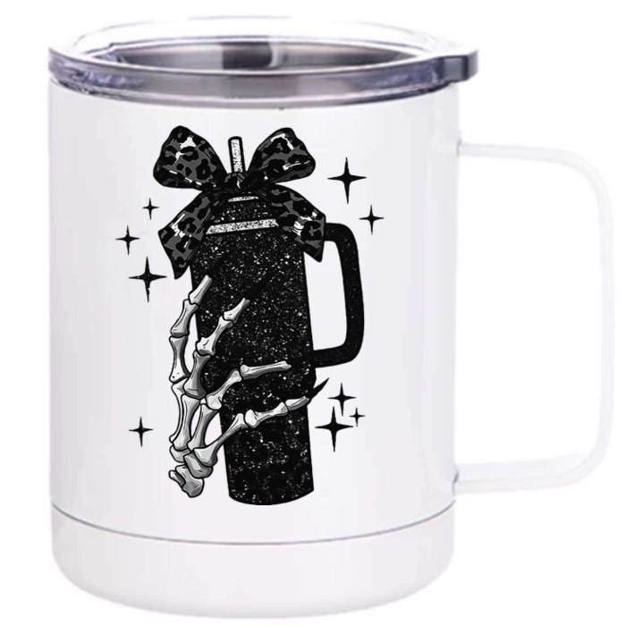 Black Coquette Bow Skeleton Front & Back 12oz Stainless Steel Tumbler Cup