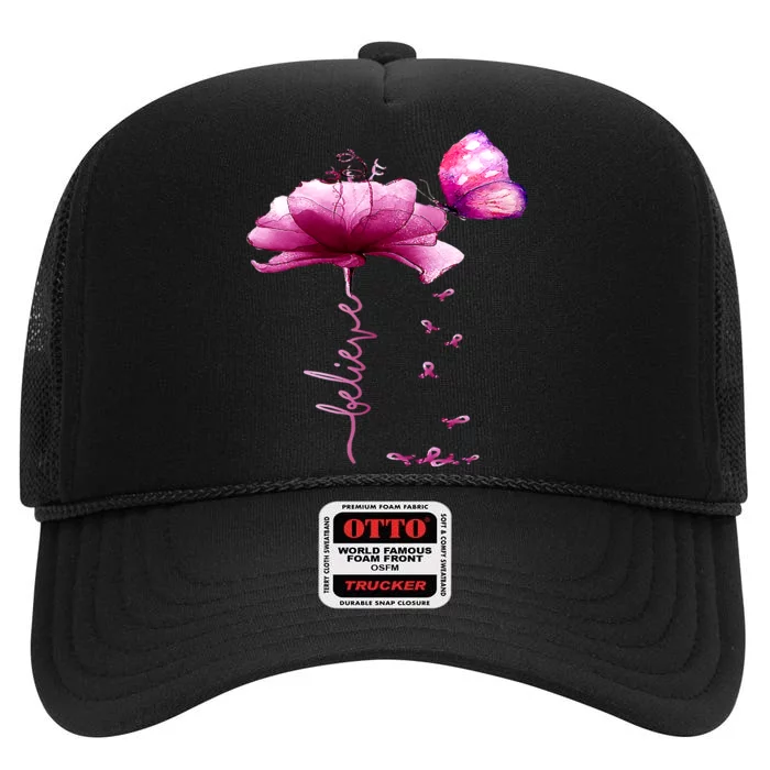 Breast Cancer Believe Flower High Crown Mesh Trucker Hat