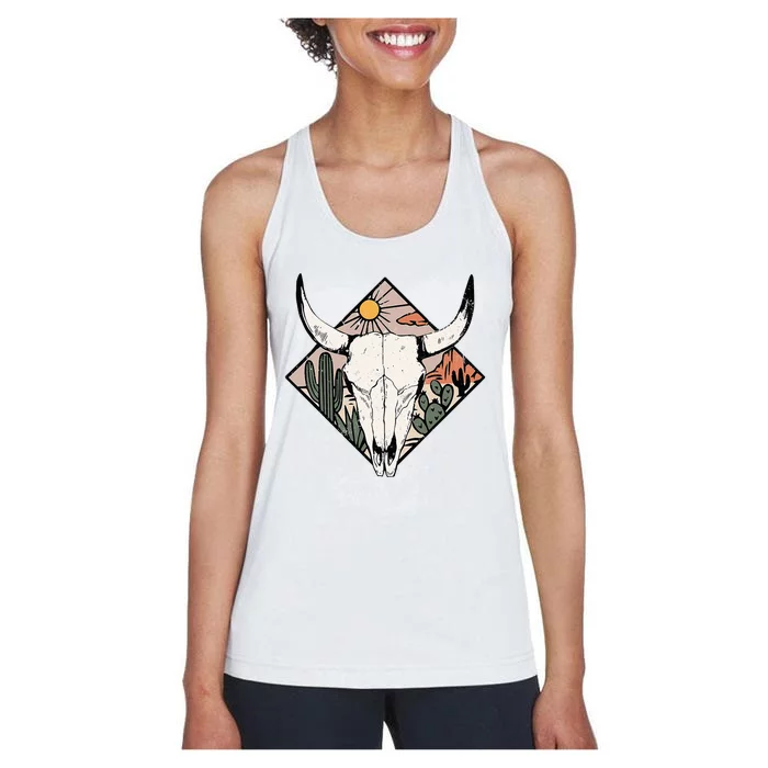 Boho Cow Bull Skull Howdy Rodeo Texas Western Country Desert Women's Racerback Tank