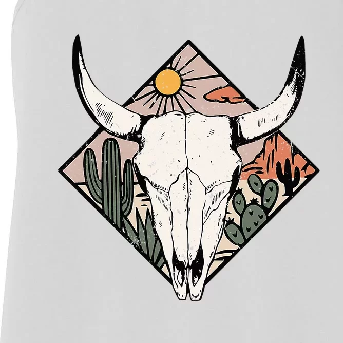 Boho Cow Bull Skull Howdy Rodeo Texas Western Country Desert Women's Racerback Tank