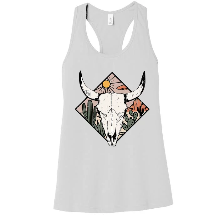 Boho Cow Bull Skull Howdy Rodeo Texas Western Country Desert Women's Racerback Tank