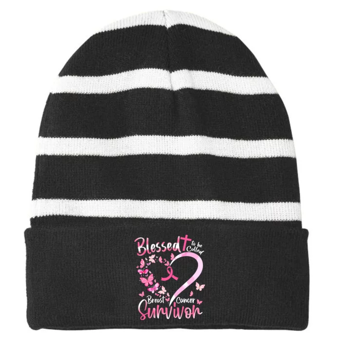 Breast Cancer Butterfly Blessed To Be Called Survivor Striped Beanie with Solid Band