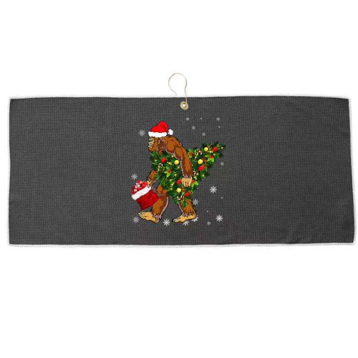 Bigfoot Carrying Christmas Tree Sasquatch Believer Pajama Large Microfiber Waffle Golf Towel