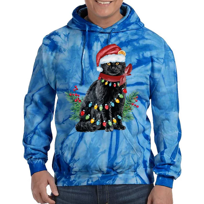 Black Cat Christmas Lights Retro Black Cat Christmas Tree Gift Tie Dye Hoodie