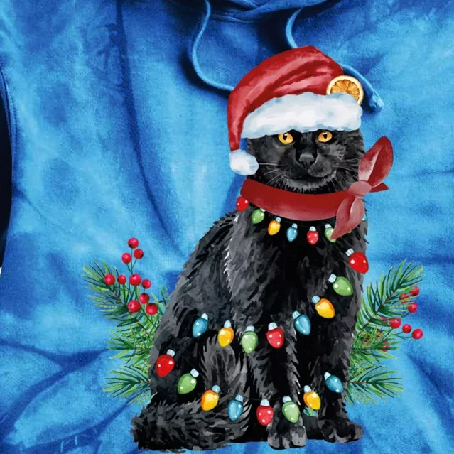 Black Cat Christmas Lights Retro Black Cat Christmas Tree Gift Tie Dye Hoodie