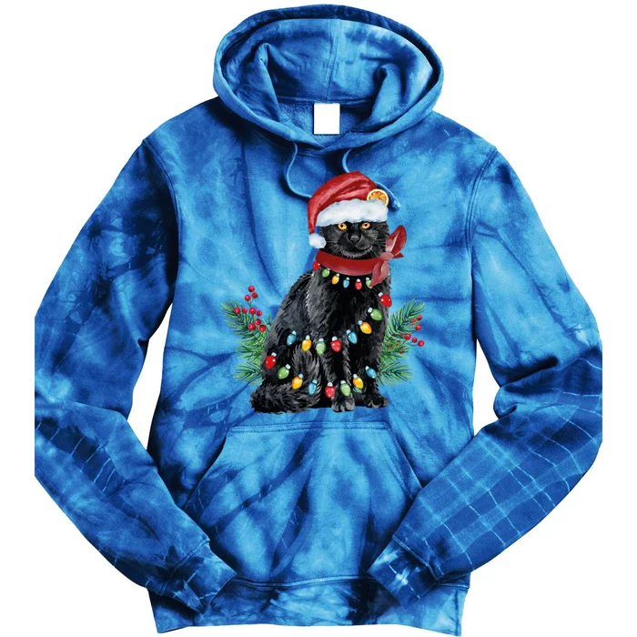 Black Cat Christmas Lights Retro Black Cat Christmas Tree Gift Tie Dye Hoodie