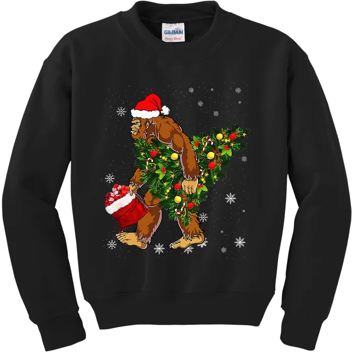 Bigfoot Carrying Christmas Tree Sasquatch Believer Pajama Kids Sweatshirt