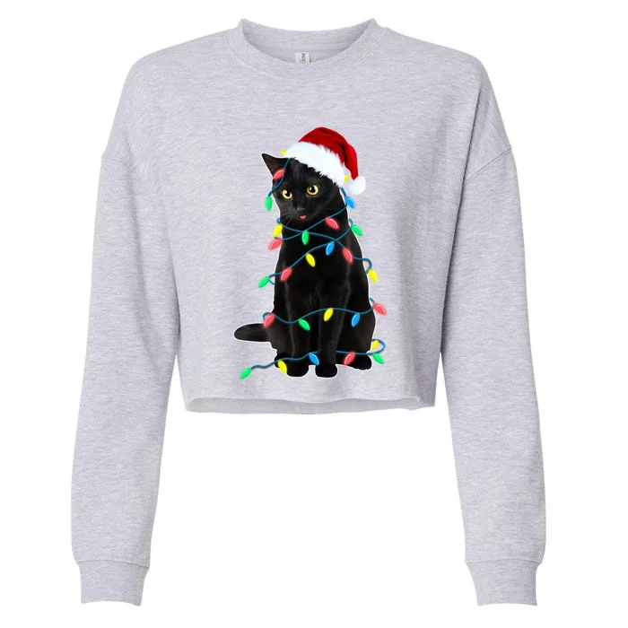 Black Cat Christmas Tree Lights Funny Santa Kitten Led Light Gift Cropped Pullover Crew