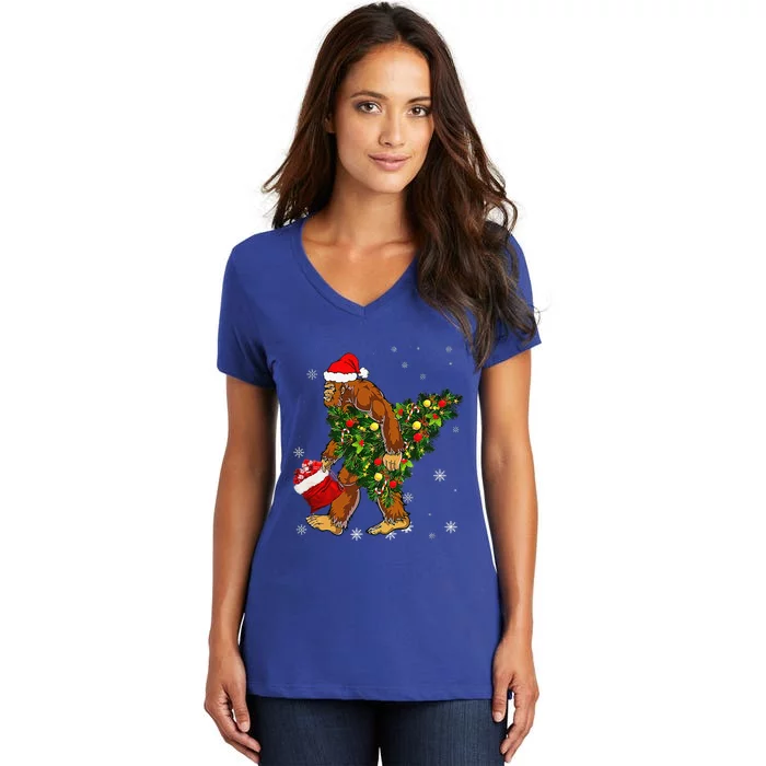 Bigfoot Carrying Christmas Tree Sasquatch Believer Pajama Women's V-Neck T-Shirt