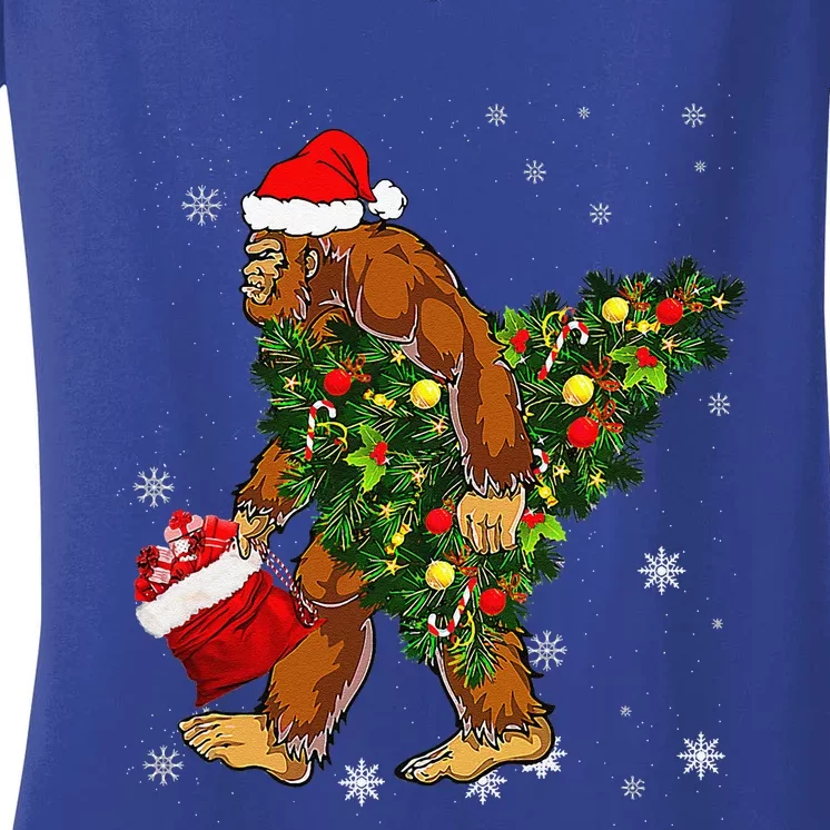 Bigfoot Carrying Christmas Tree Sasquatch Believer Pajama Women's V-Neck T-Shirt