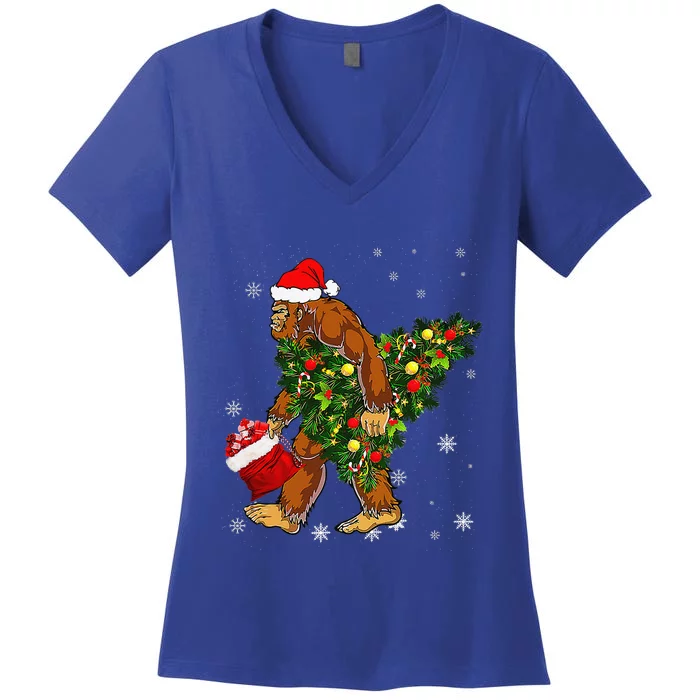 Bigfoot Carrying Christmas Tree Sasquatch Believer Pajama Women's V-Neck T-Shirt