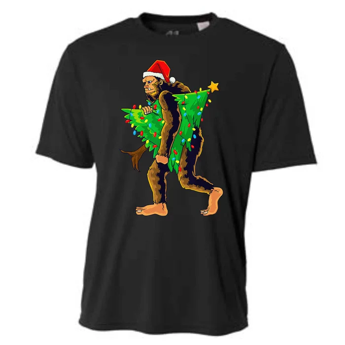 Bigfoot Carrying Christmas Tree Sasquatch Believer Pajama Cooling Performance Crew T-Shirt