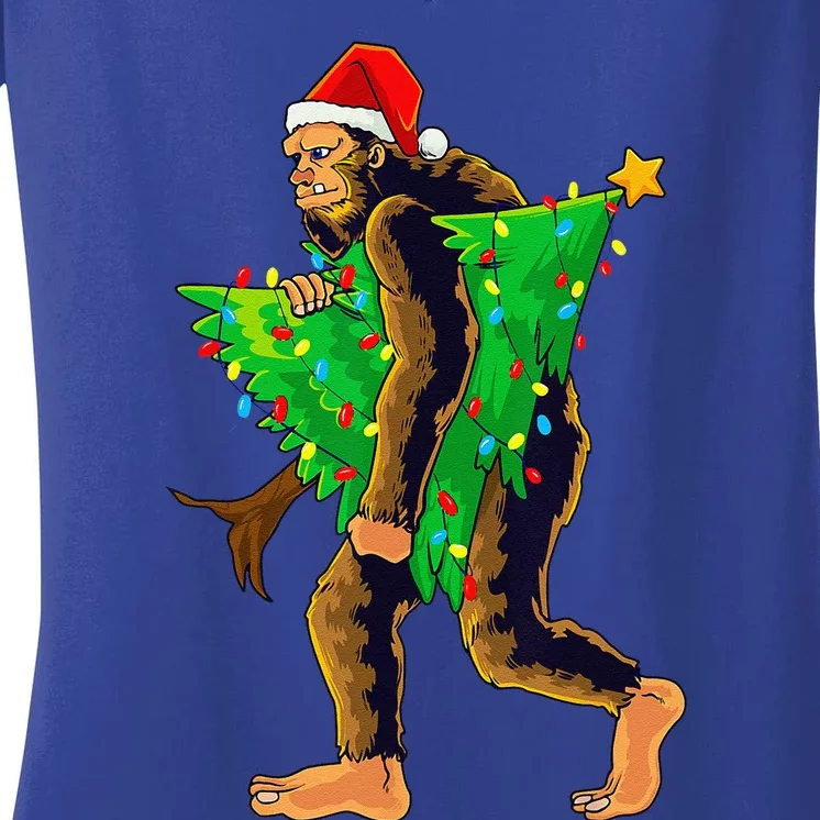 Bigfoot Carrying Christmas Tree Sasquatch Believer Pajama Women's V-Neck T-Shirt