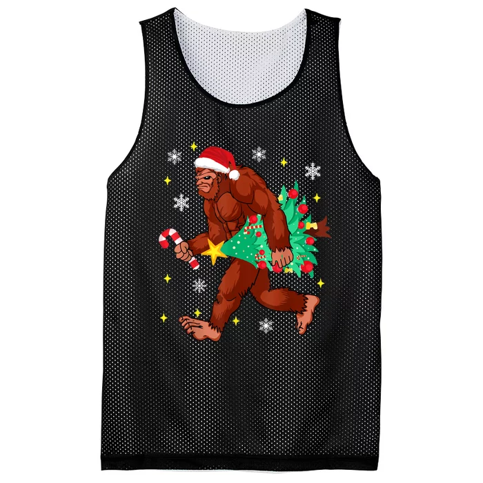 Bigfoot Carrying Christmas Tree Funny Xmas 2021 Sasquatch Mesh Reversible Basketball Jersey Tank