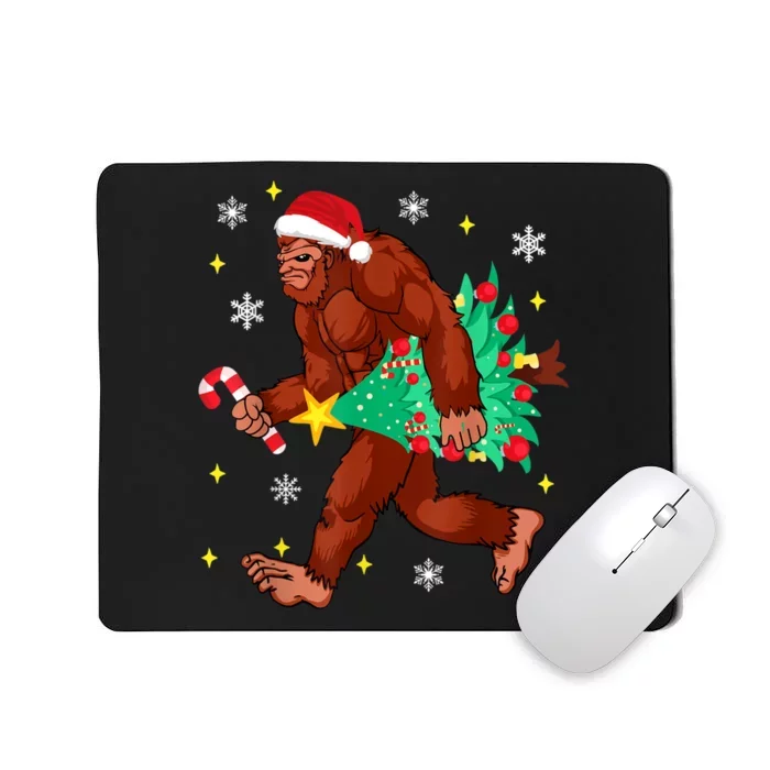 Bigfoot Carrying Christmas Tree Funny Xmas 2021 Sasquatch Mousepad