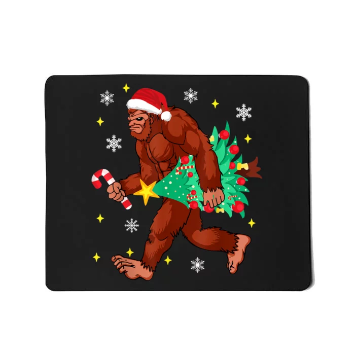 Bigfoot Carrying Christmas Tree Funny Xmas 2021 Sasquatch Mousepad