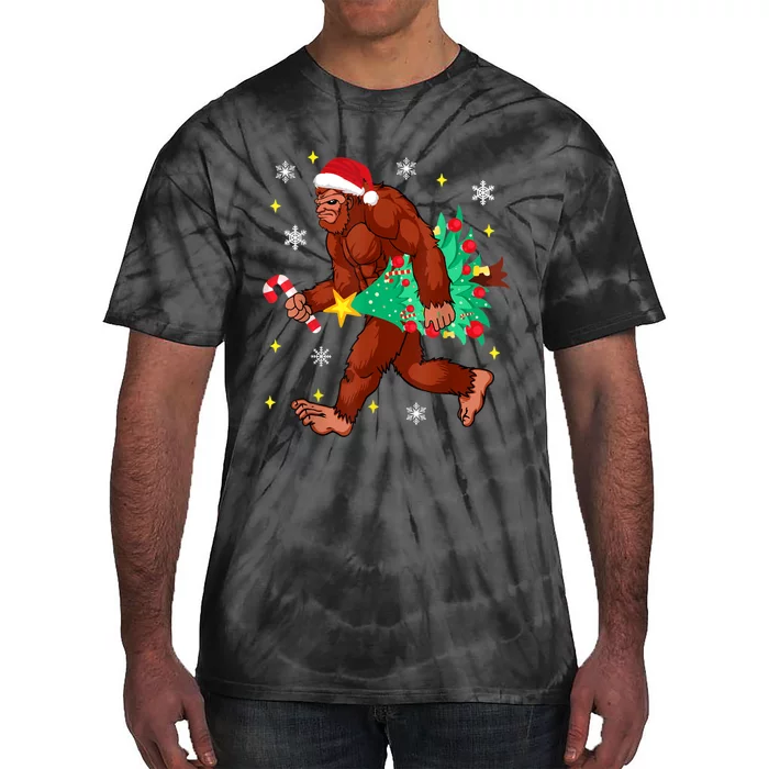 Bigfoot Carrying Christmas Tree Funny Xmas 2021 Sasquatch Tie-Dye T-Shirt