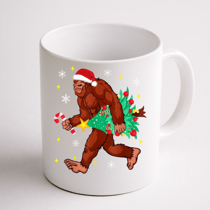 Bigfoot Carrying Christmas Tree Funny Xmas 2021 Sasquatch Front & Back Coffee Mug