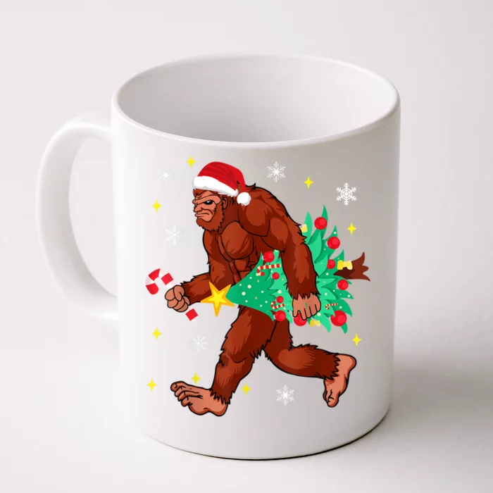 Bigfoot Carrying Christmas Tree Funny Xmas 2021 Sasquatch Front & Back Coffee Mug