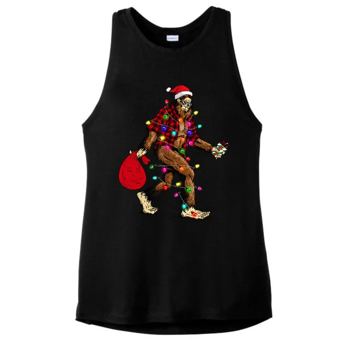 Bigfoot Carrying Christmas Tree Sasquatch Pajama Ladies Tri-Blend Wicking Tank