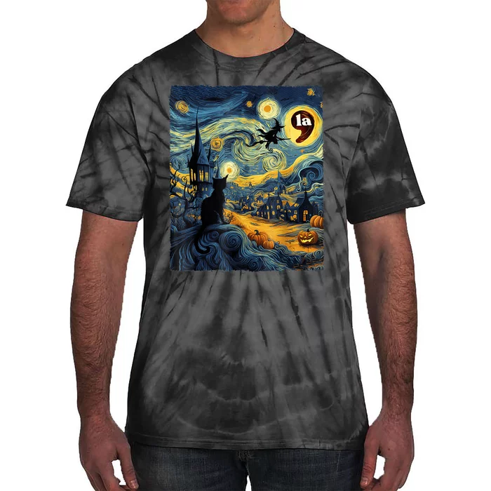 Black Cat Comma La Kamala Harris Halloween Starry Night Tie-Dye T-Shirt