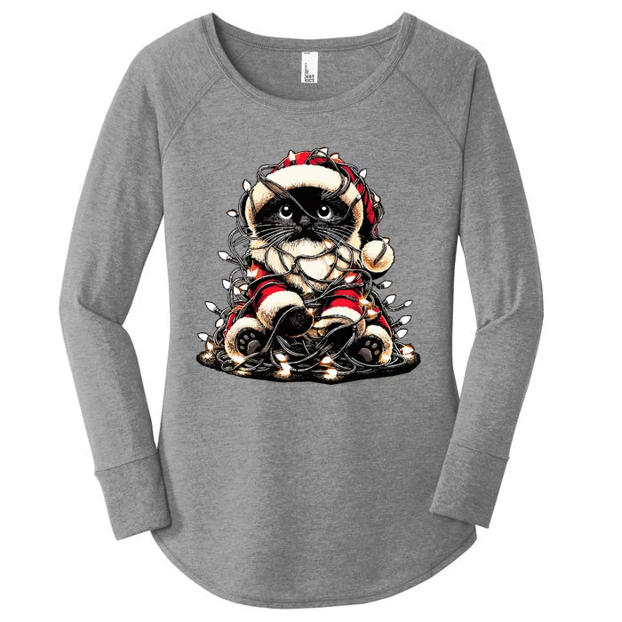 Black Cat Christmas Tree Lights Funny Santa Kitten Led Light Women's Perfect Tri Tunic Long Sleeve Shirt